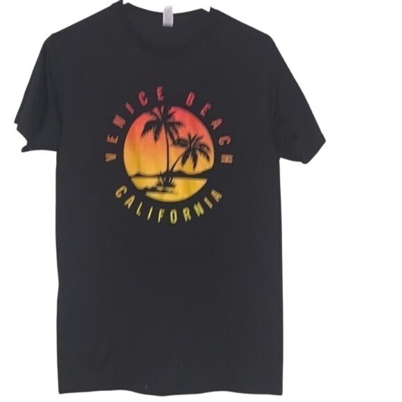 Venice Beach California Sunset Graphic T-Shirt Black Jerzees Dri-Power S Cotton/ - Picture 1 of 10